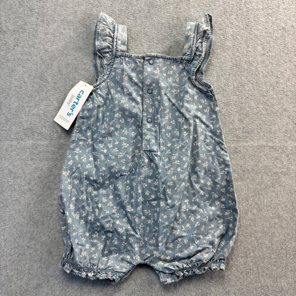 Carters Baby‎ Girls Blue Floral Denim Ruffle Romper Jumpsuit 12 Months - Picture 2 of 6